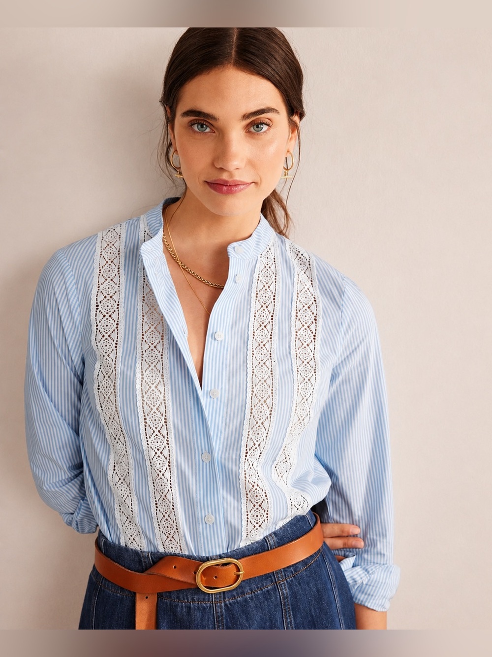 Boden Lace-Panelled Poplin Shirt Cornflower Stripe Blue White Size 20-22
